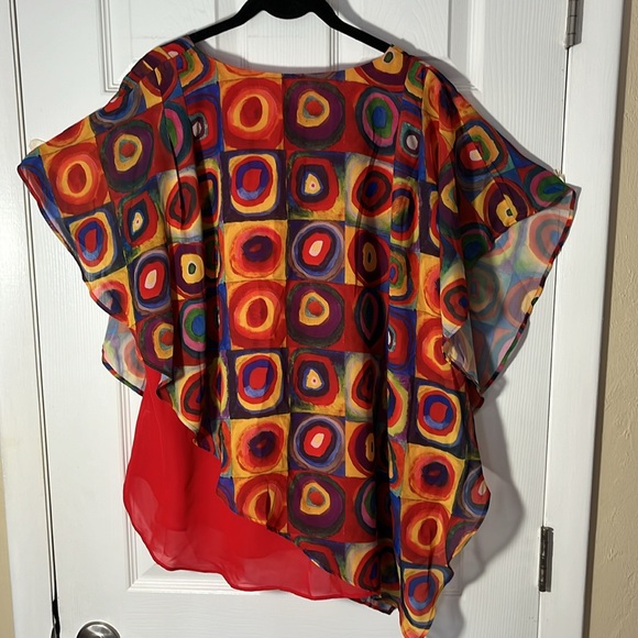 Lindi women’s pull over multicolor top double layer print boat neck semi sheer L - Picture 9 of 13